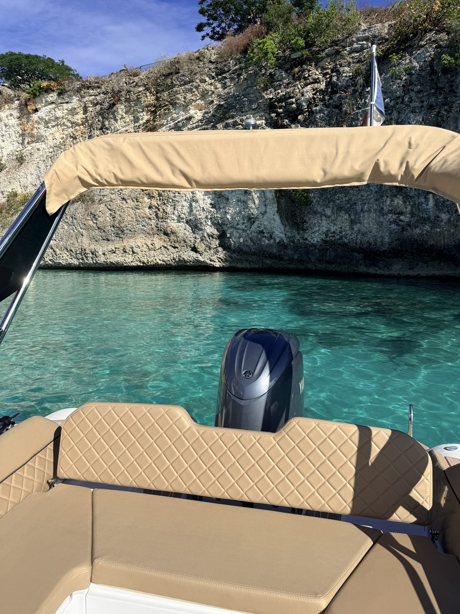 View from the rear lounge towards the cliff at La Samanna, under the bimini